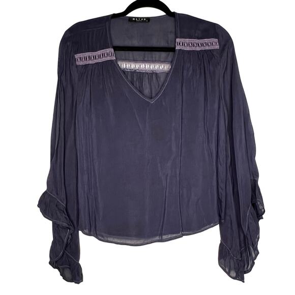 Maven West Blue V-Neck Ruffle Sleeve Shirt Size Small - Picture 2 of 6